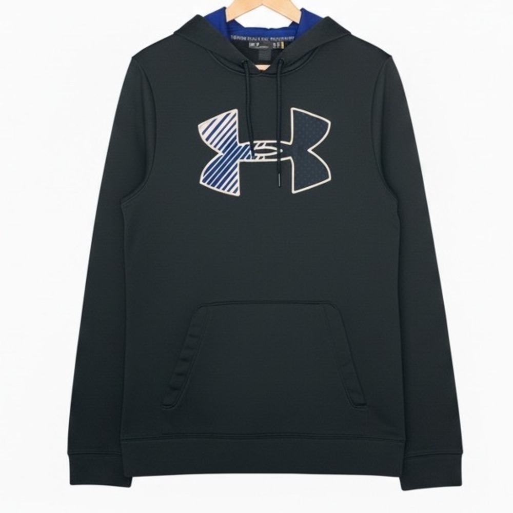 Under Armour Hoodie Men Medium Black Blue Logo Pullover Sweatshirt Loose Fit